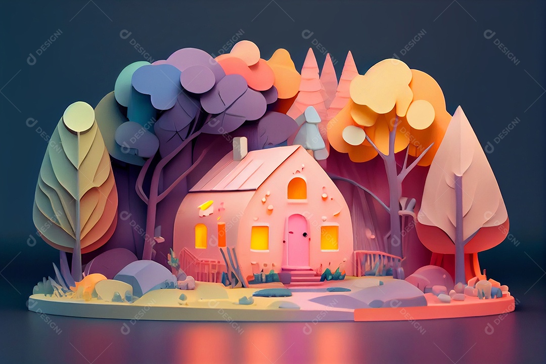 Ilustração 3D casa com jardim