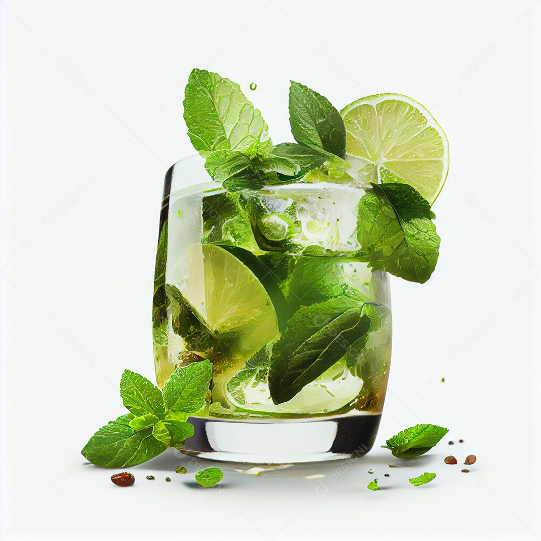 Coquetel de mojito com hortelã açúcar de cana rum branco de limão e gelo em vidro