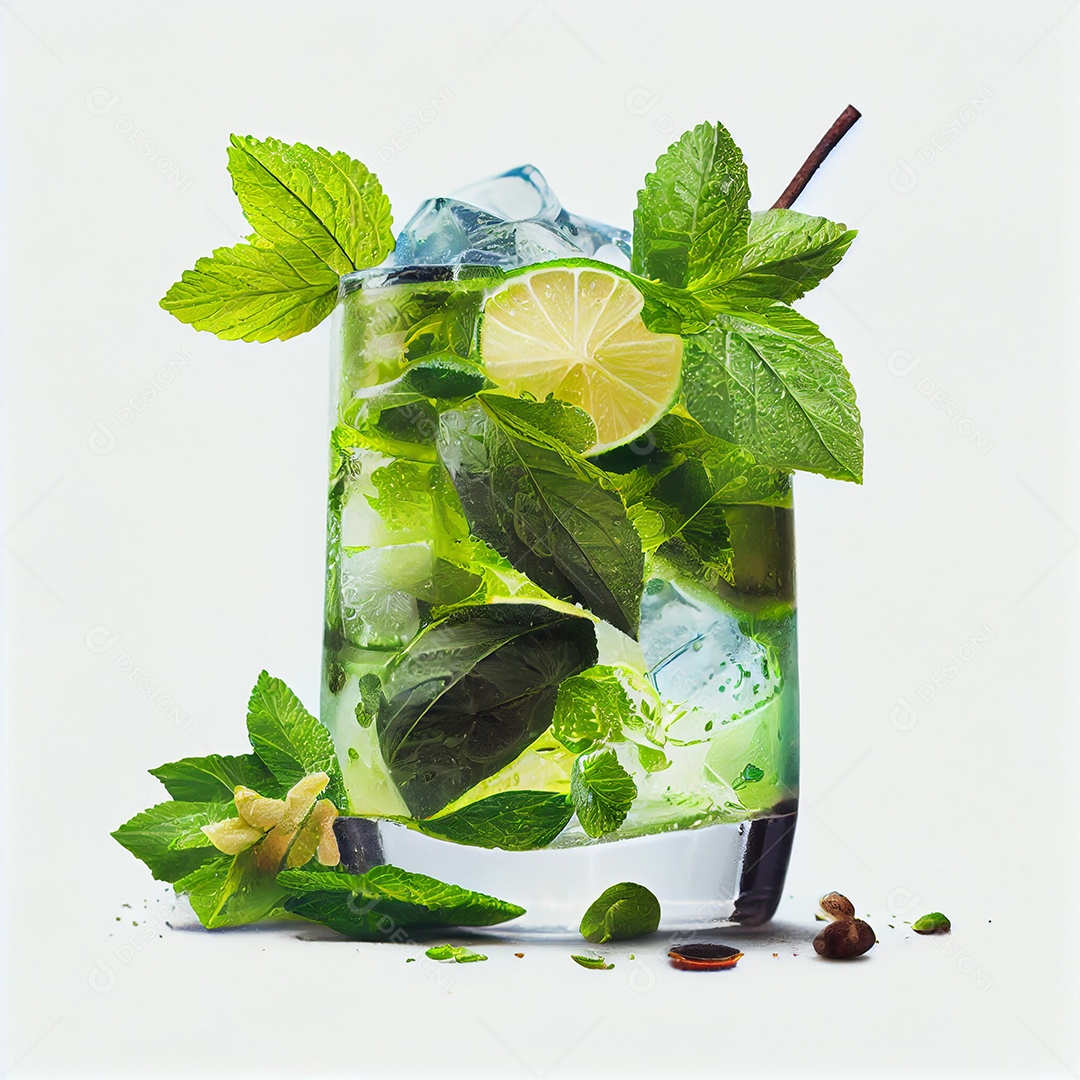 Coquetel de mojito com hortelã açúcar de cana rum branco de limão e gelo em vidro