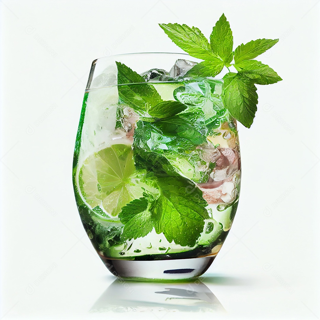 Coquetel de mojito com hortelã açúcar de cana rum branco de limão e gelo em vidro