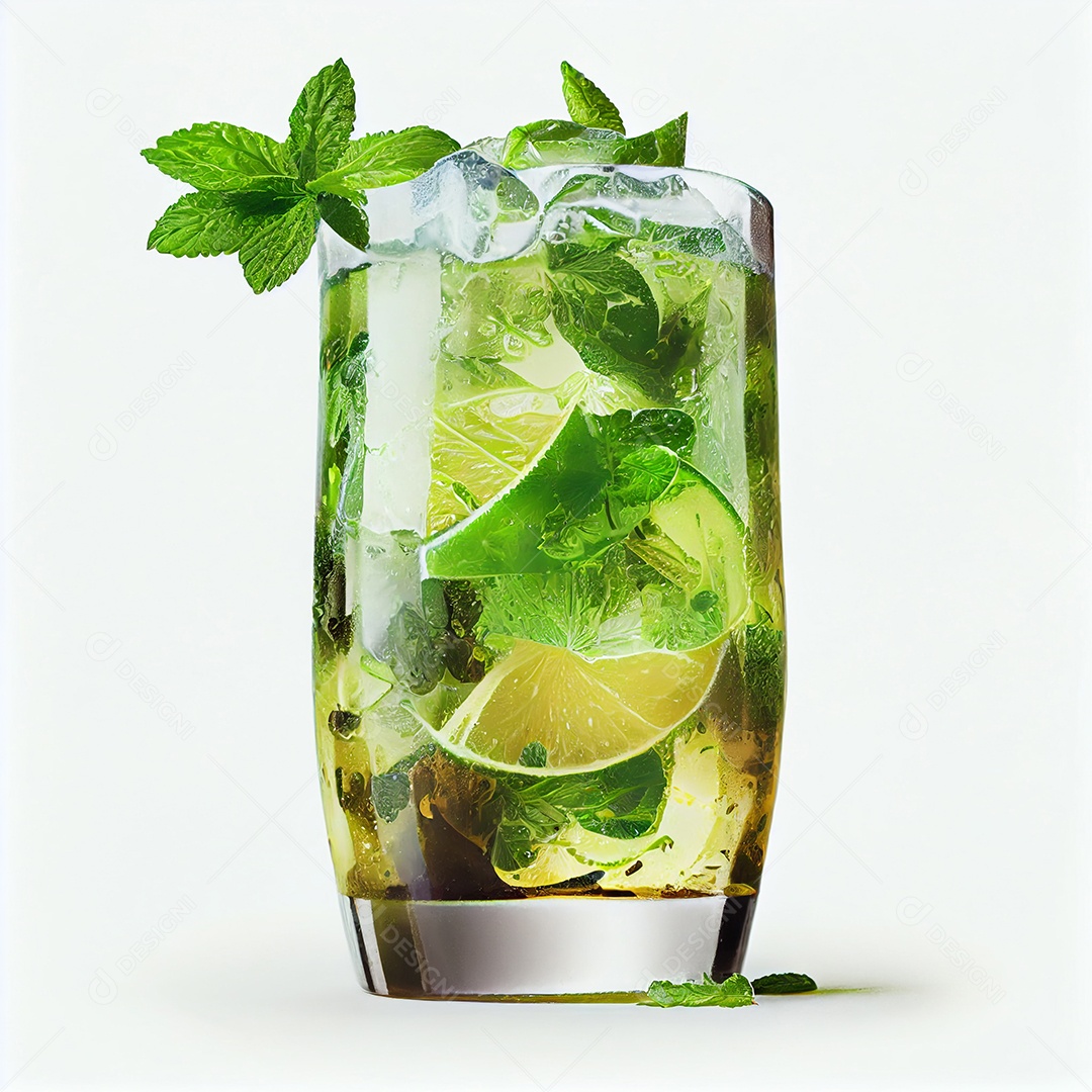 Coquetel de mojito com hortelã açúcar de cana rum branco de limão e gelo em vidro