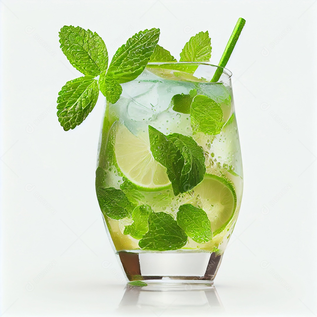 Coquetel de mojito com hortelã açúcar de cana rum branco de limão e gelo em vidro