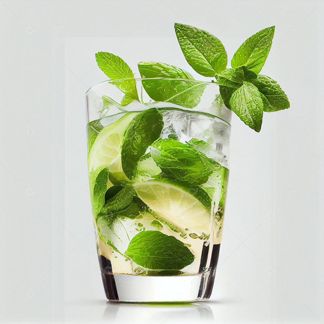 Coquetel de mojito com hortelã açúcar de cana rum branco de limão e gelo em vidro