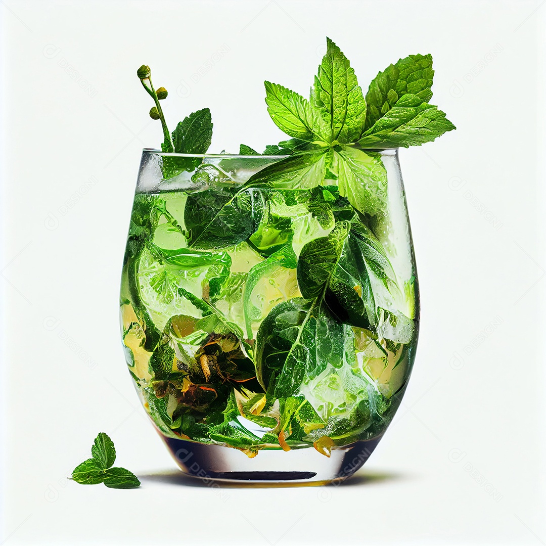 Coquetel de mojito com hortelã açúcar de cana rum branco de limão e gelo em vidro