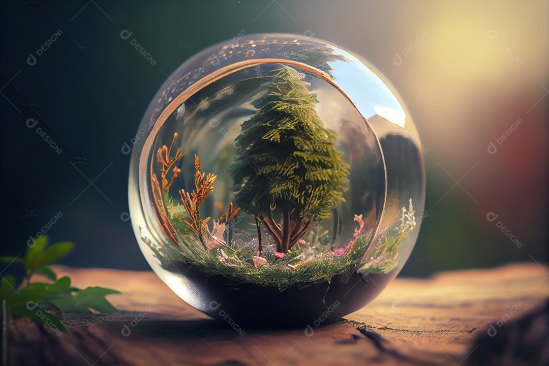 Ilustração de um jardim dentro de uma bola de vidro