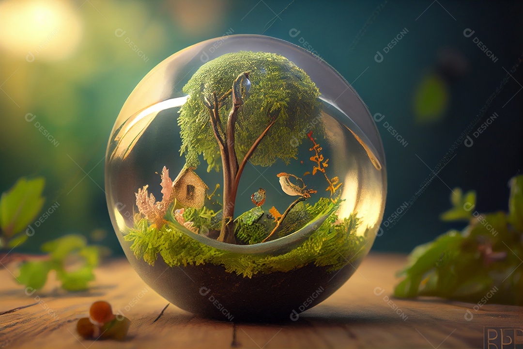 Ilustração de um jardim dentro de uma bola de vidro