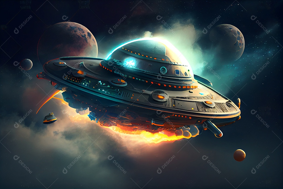 Ilustração de Ovni objeto voador não identificado sobrevoando cidade