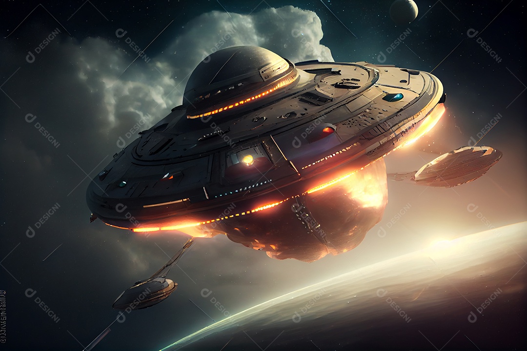 Ilustração de Ovni objeto voador não identificado sobrevoando cidade