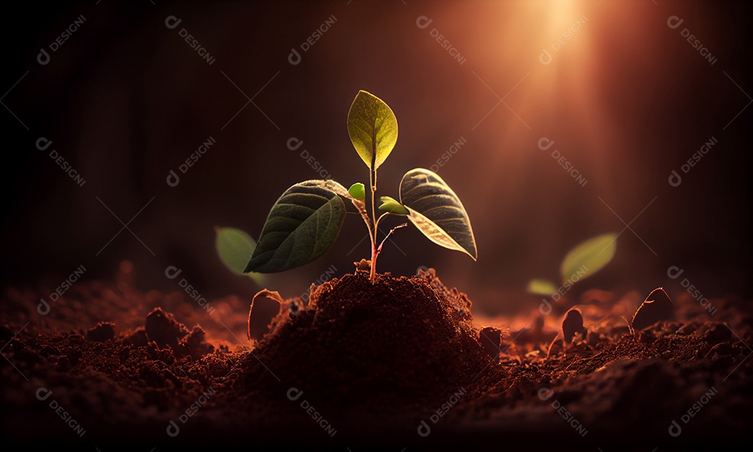Planta pequena crescendo a partir do solo com bela luz do sol e fundo de vegetação