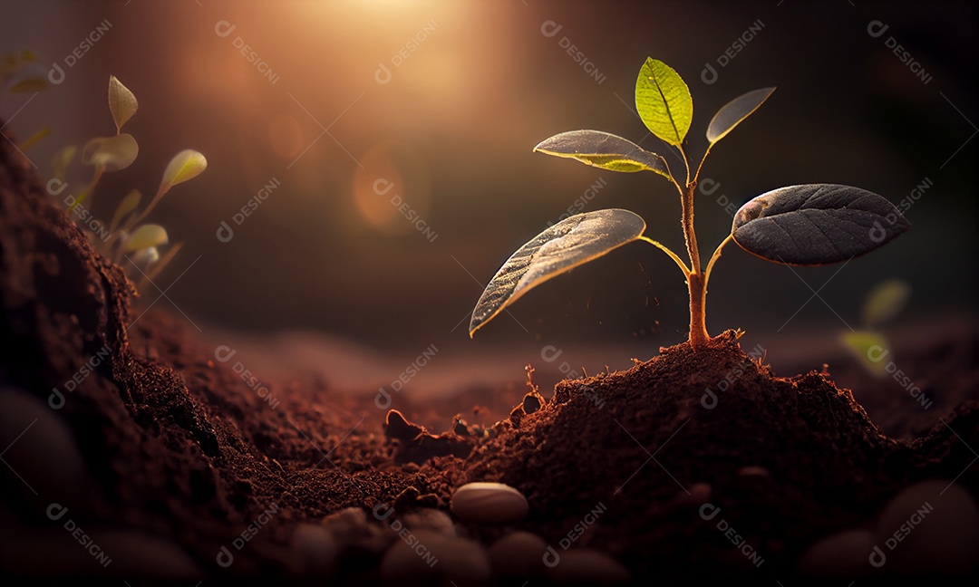 Planta pequena crescendo a partir do solo com bela luz do sol e fundo de vegetação