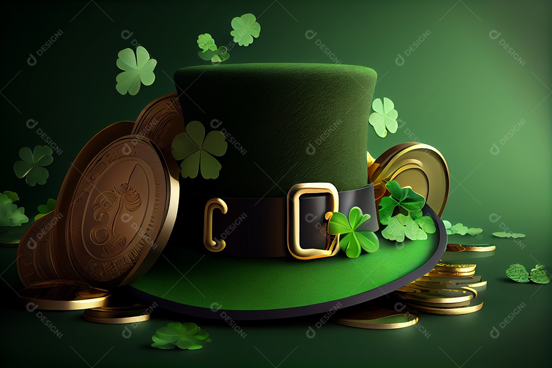 Ilustração chapéu de duende moedas de ouro e trevo da sorte