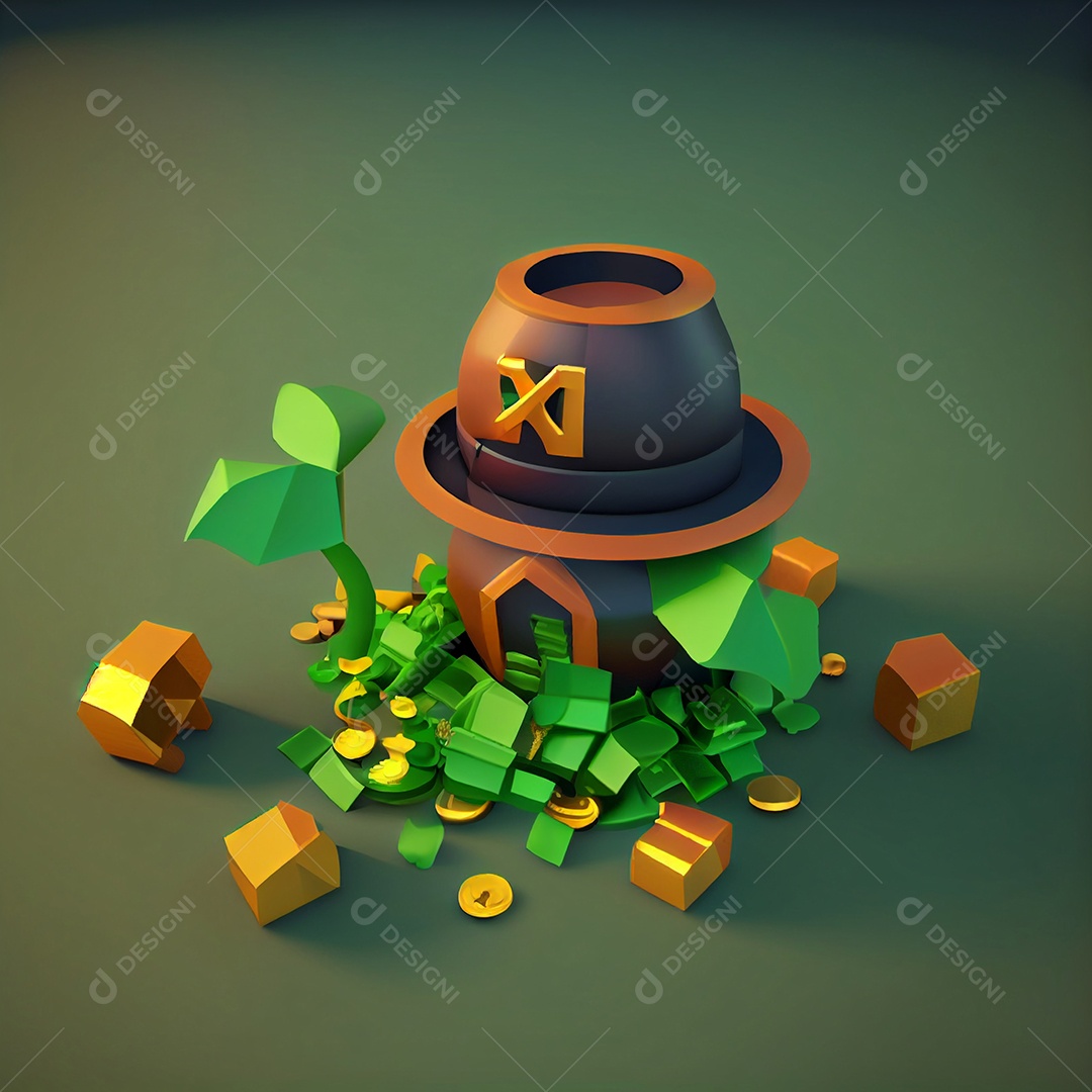 Ilustração chapéu de duende moedas de ouro e trevo da sorte