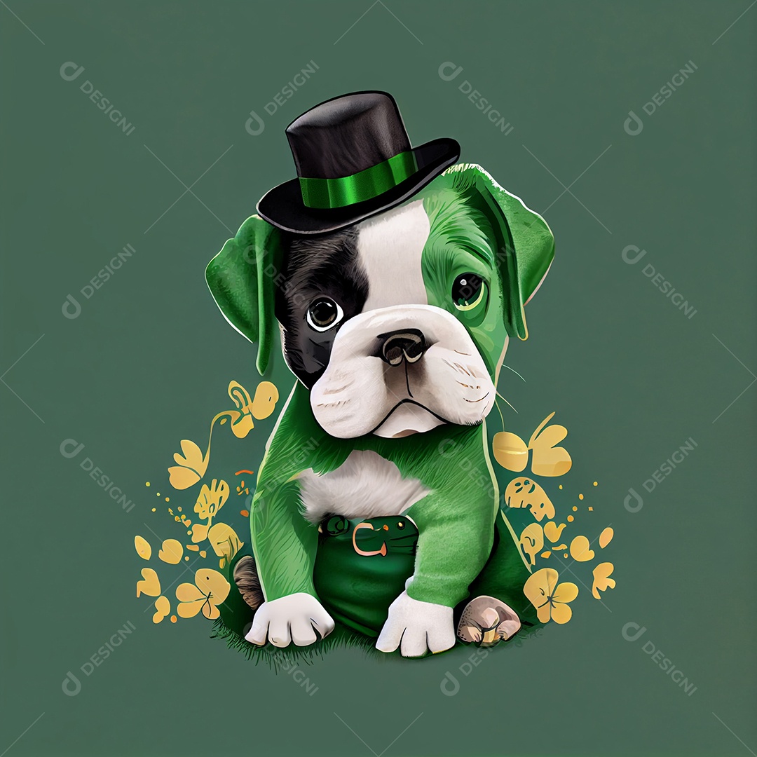 Ilustração de cachorro com chapéu dia de São Patrício