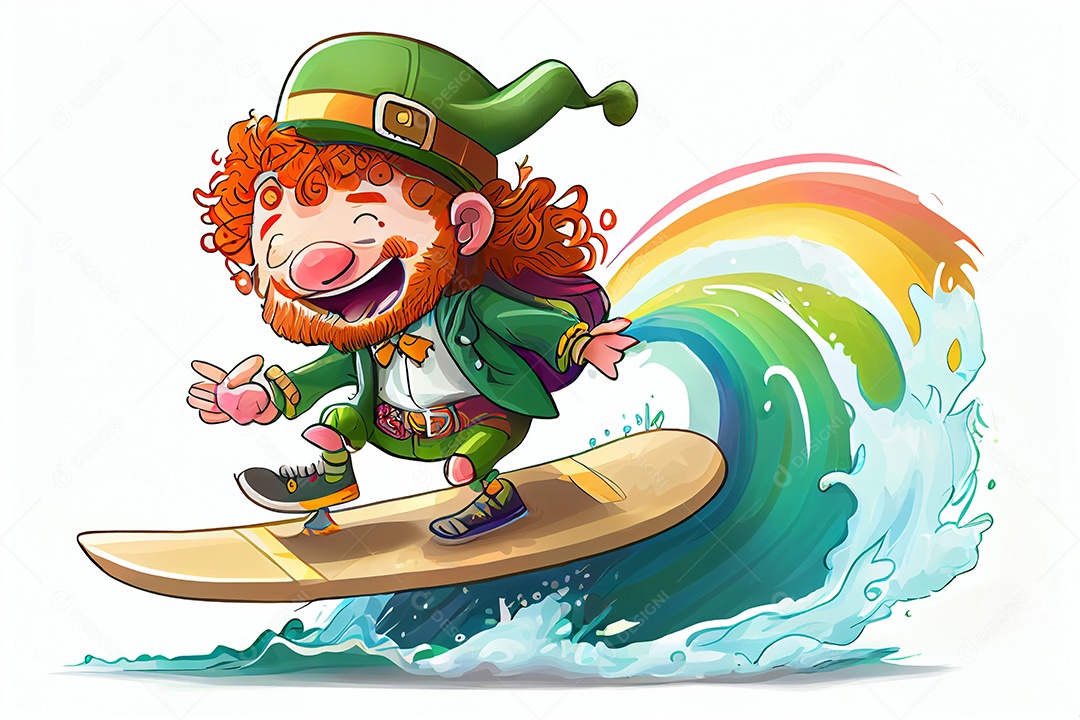Leprechaun duende surfando no arco-íris