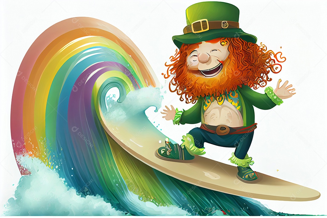 Leprechaun duende surfando no arco-íris