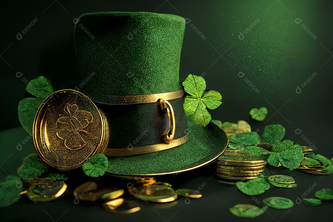 Ilustração 3D Dia de são patrício fundo de folhas de trevo ou trevo verde feriado irlandês.