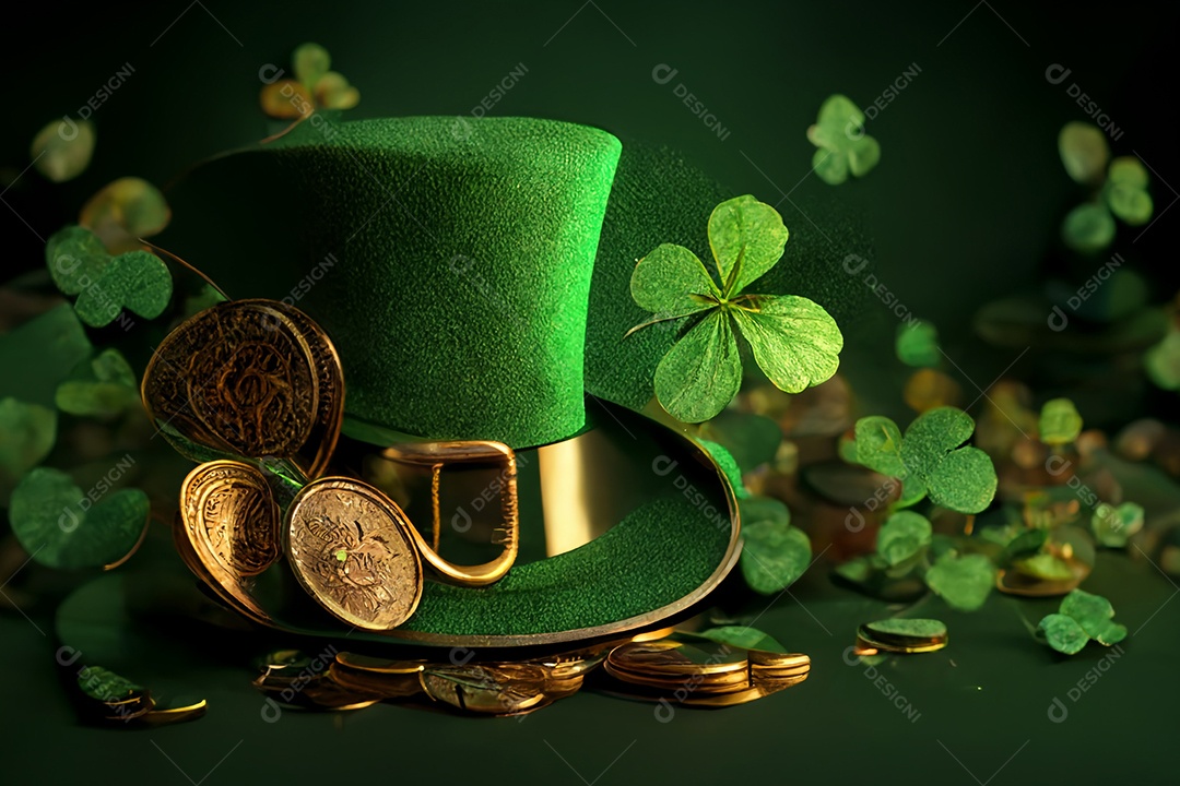 Ilustração 3D Dia de são patrício fundo de folhas de trevo ou trevo verde feriado irlandês.