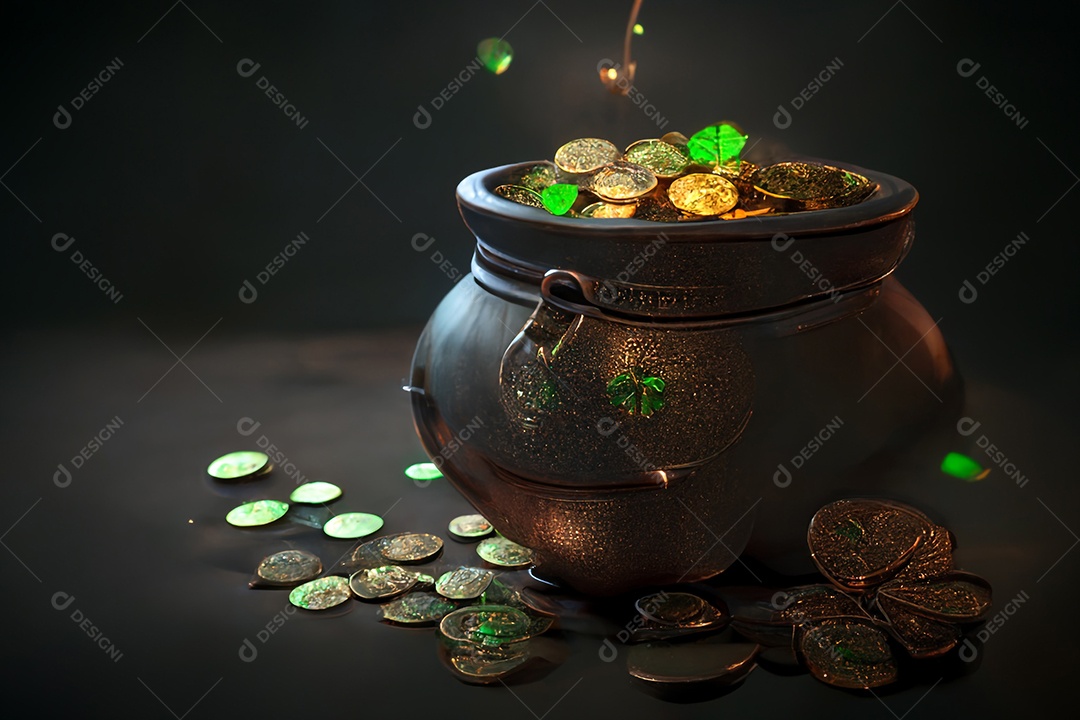 Ilustração 3D Dia de são patrício pote cheio de moedas de ouro