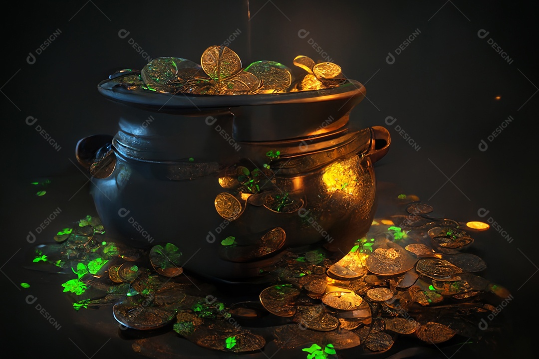 Ilustração 3D Dia de são patrício pote cheio de moedas de ouro