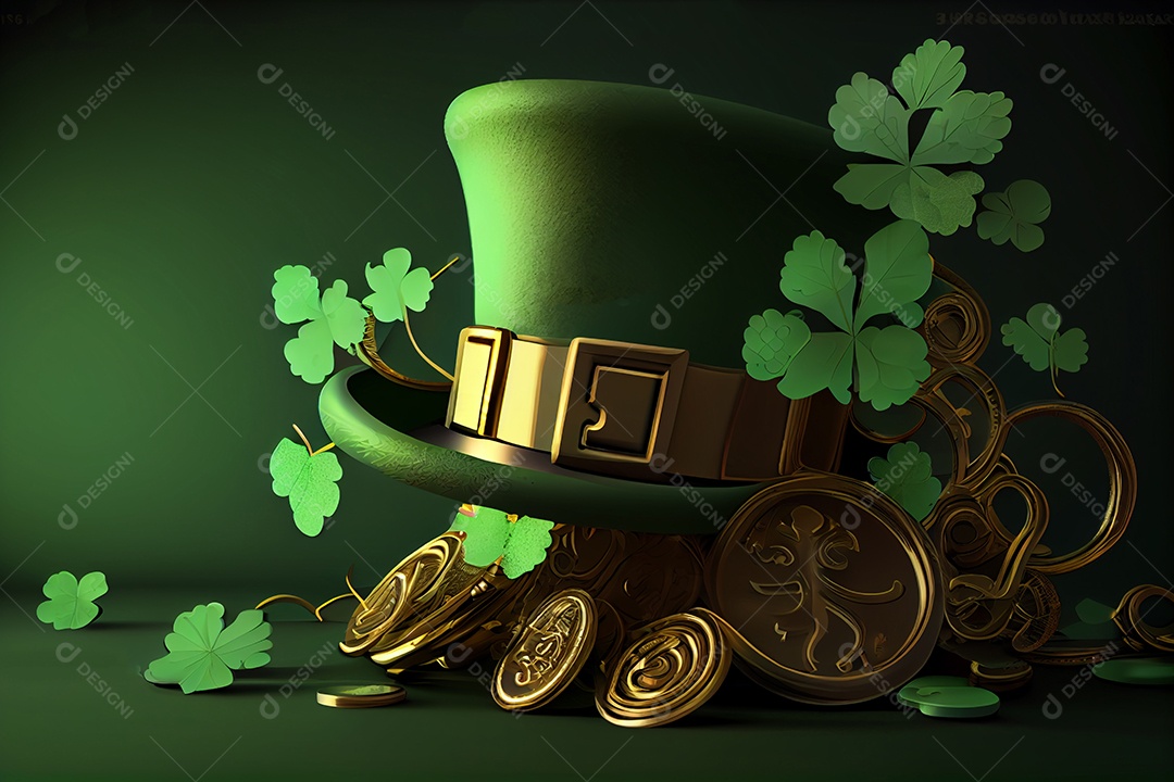 Ilustração 3D Dia de são patrício fundo de folhas de trevo ou trevo verde feriado irlandês.