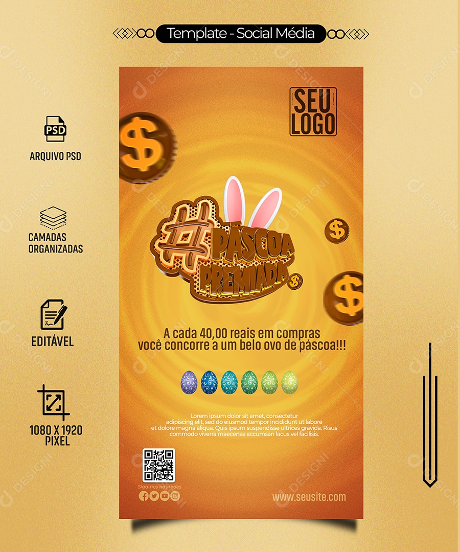 Páscoa Premiada A Cada 40,00 Reais Em Compras Você Concorre a um Belo Ovo de Páscoa Social Media PSD Editável