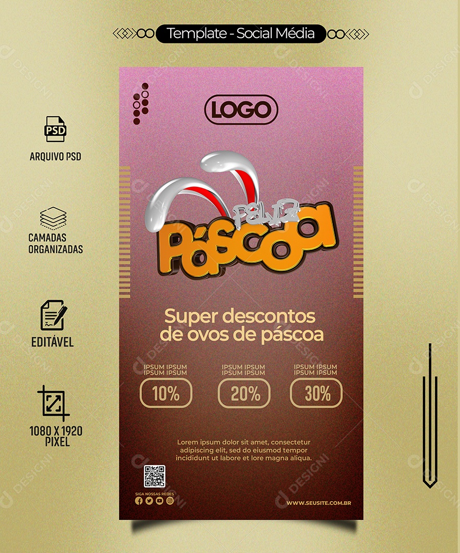 Feliz Páscoa Super Desconto de Ovos de Páscoa Social Media PSD Editável