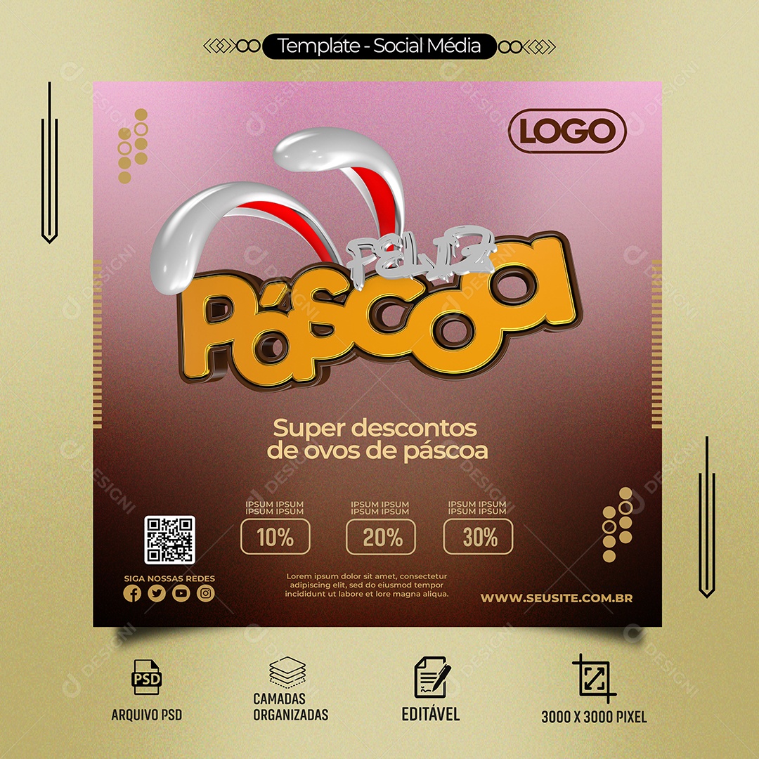 Feliz Páscoa Super Desconto de Ovos de Páscoa Social Media PSD Editável