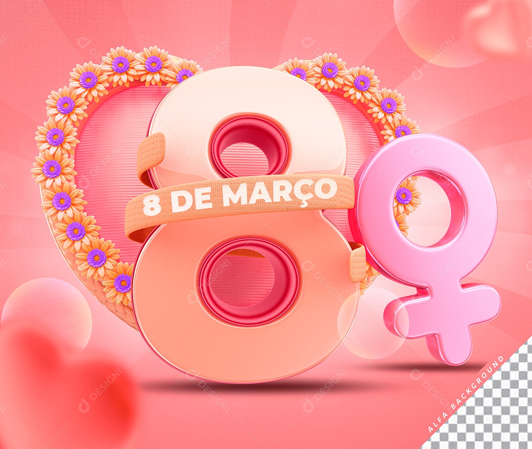 Selo 3D 8 de Março Texto Editável para Composição PSD