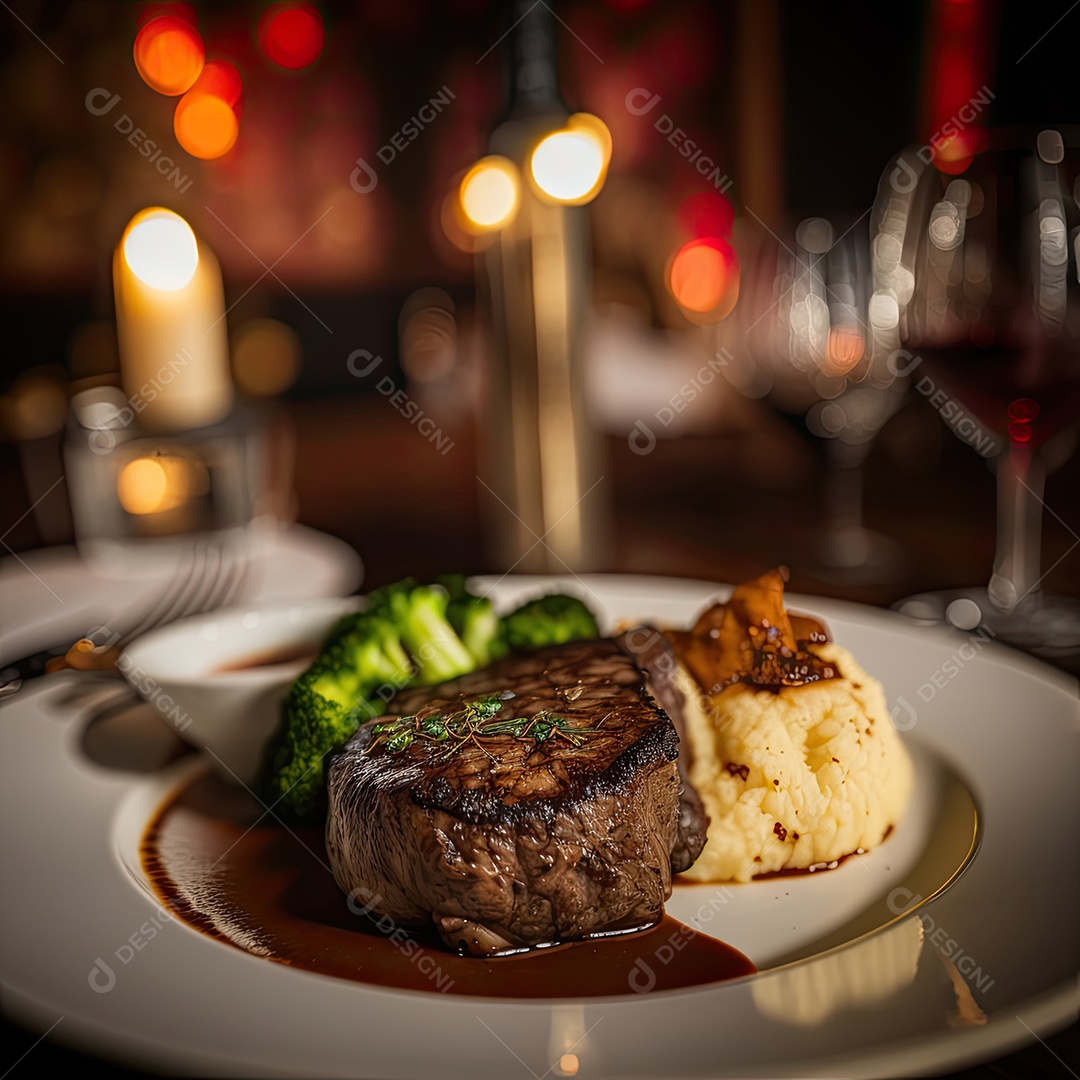 Bife com purê de batata e aspargos em uma placa preta. jantar no restaurante.