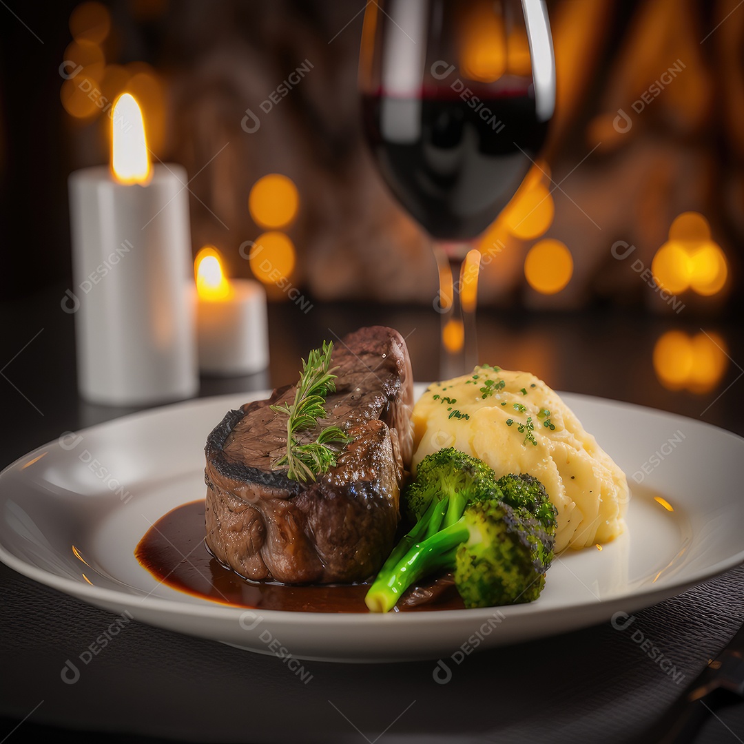 Bife com purê de batata e aspargos em uma placa preta. jantar no restaurante.