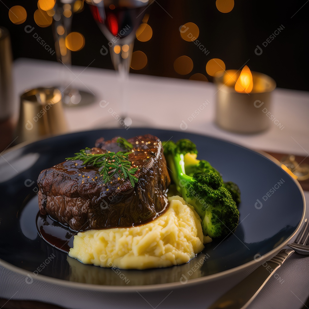 Bife com purê de batata e aspargos em uma placa preta. jantar no restaurante.