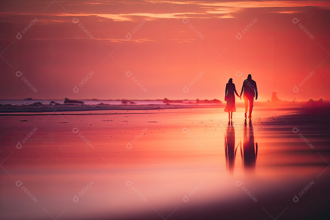 Casal andando sobre areia da praia com pôr do sol