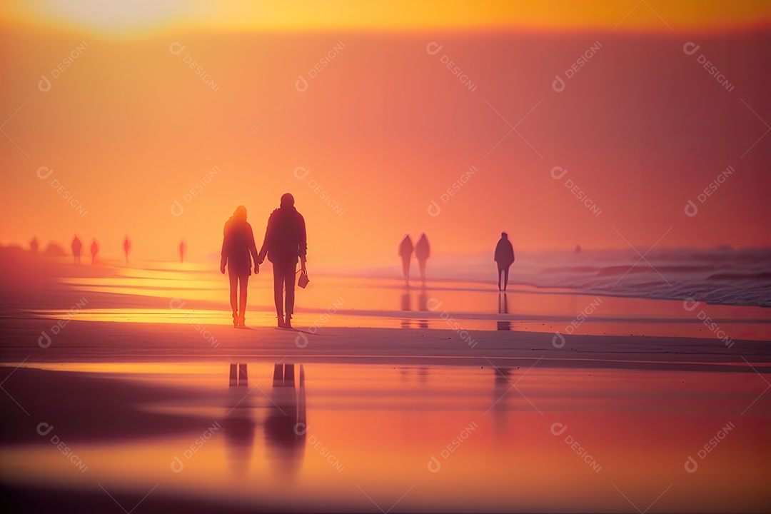 Casal andando sobre areia da praia com pôr do sol