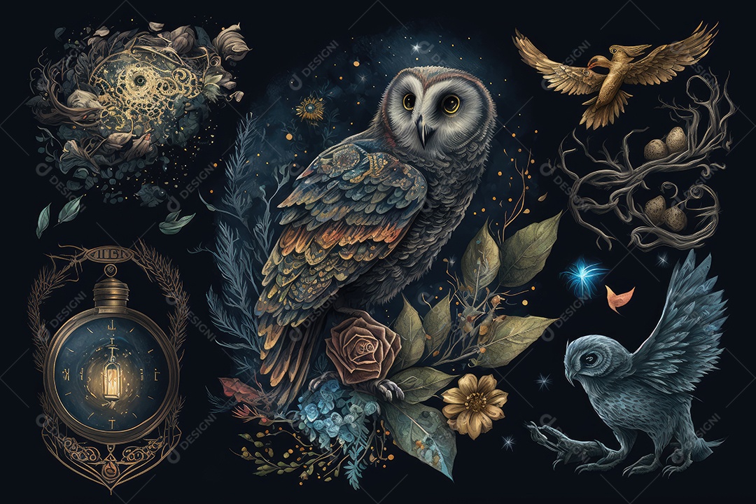 Coruja colorida em fundo escuro