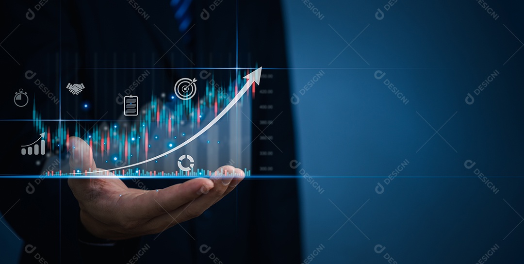 Planejamento e estratégia de crescimento de negócios, Fundos de Investimentos em Bolsa e Ativos Digitais. tecnologia de dados financeiros de gráfico de negociação forex de negócios e conceito de holograma virtual de investimento.