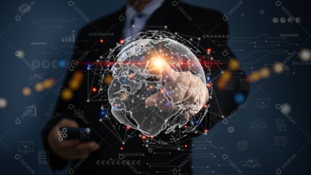 Rede global cibernética de comunicação de tecnologia digital. Big data de negócios e conceito de marketing WEB 3.0.hand touch globo internet.