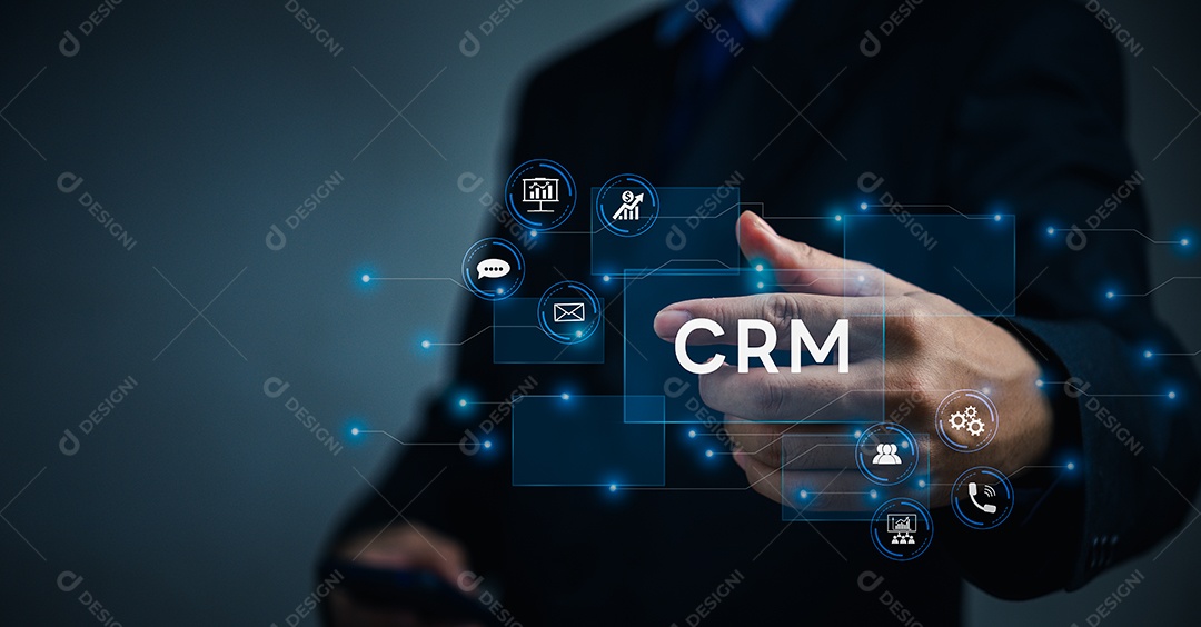 Tecnologia de Internet de negócios de gerenciamento de relacionamento com cliente CRM no conceito de tela virtual.