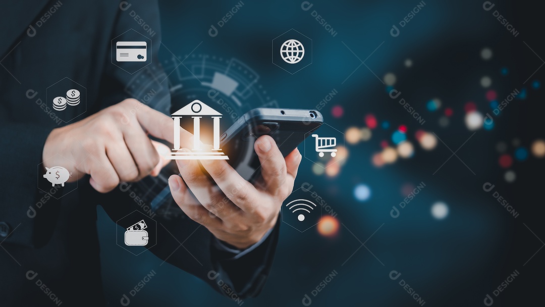 Empresário usando banco on-line de smartphone móvel e pagamento. Tecnologia digital marketing financeiro e investimento bancário networking.icon compras on-line.