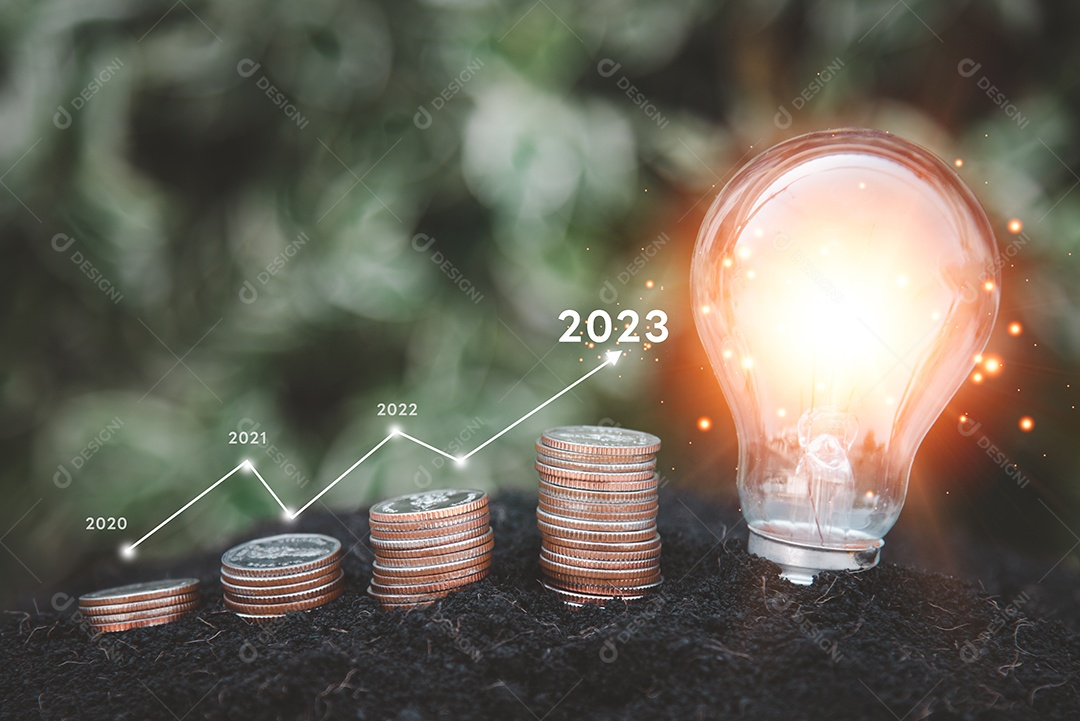 Desenvolvimento para o sucesso no ano de 2023. Investimento em estoque de energia e finanças economizando inovações em lâmpadas e pilhas de moedas de ideias.