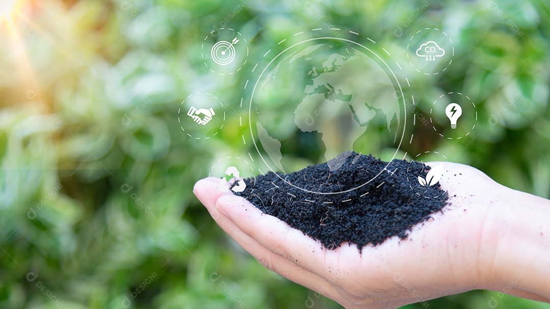 mão com ícones ambientais ícones de redução de emissão de CO2 aquecimento global desenvolvimento sustentável e conceito de ambiente limpo e amigável de energia renovável de negócios verdes.