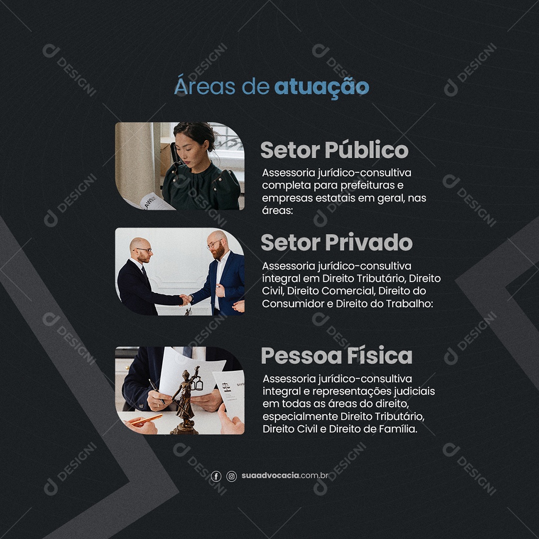 Áreas de Atuação Setor Público Setor Privado Pessoa Física Advocacia Social Media PSD Editável