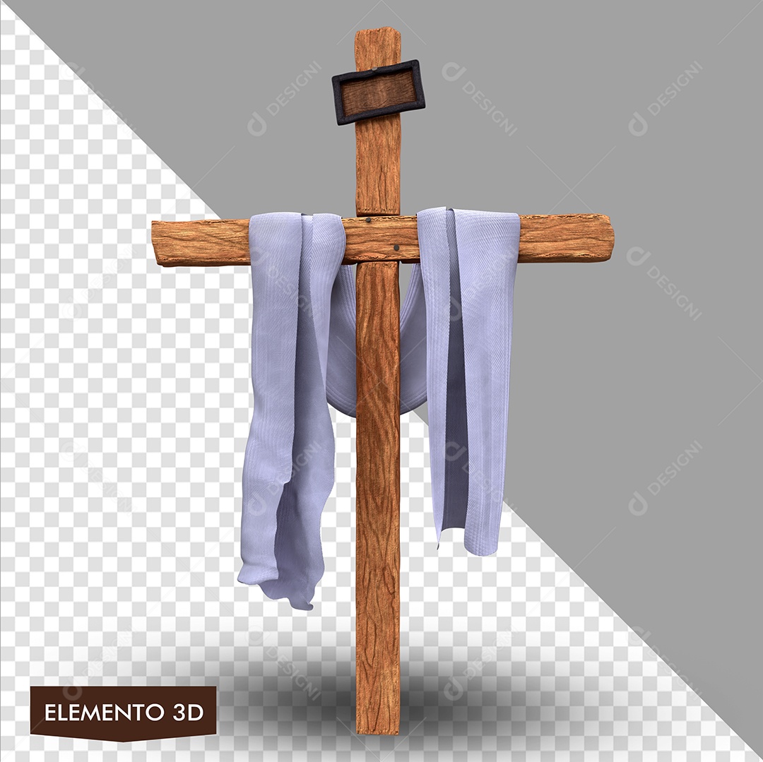 Elemento 3D Para Composição Cruz De Madeira Com Tecido Azul PSD