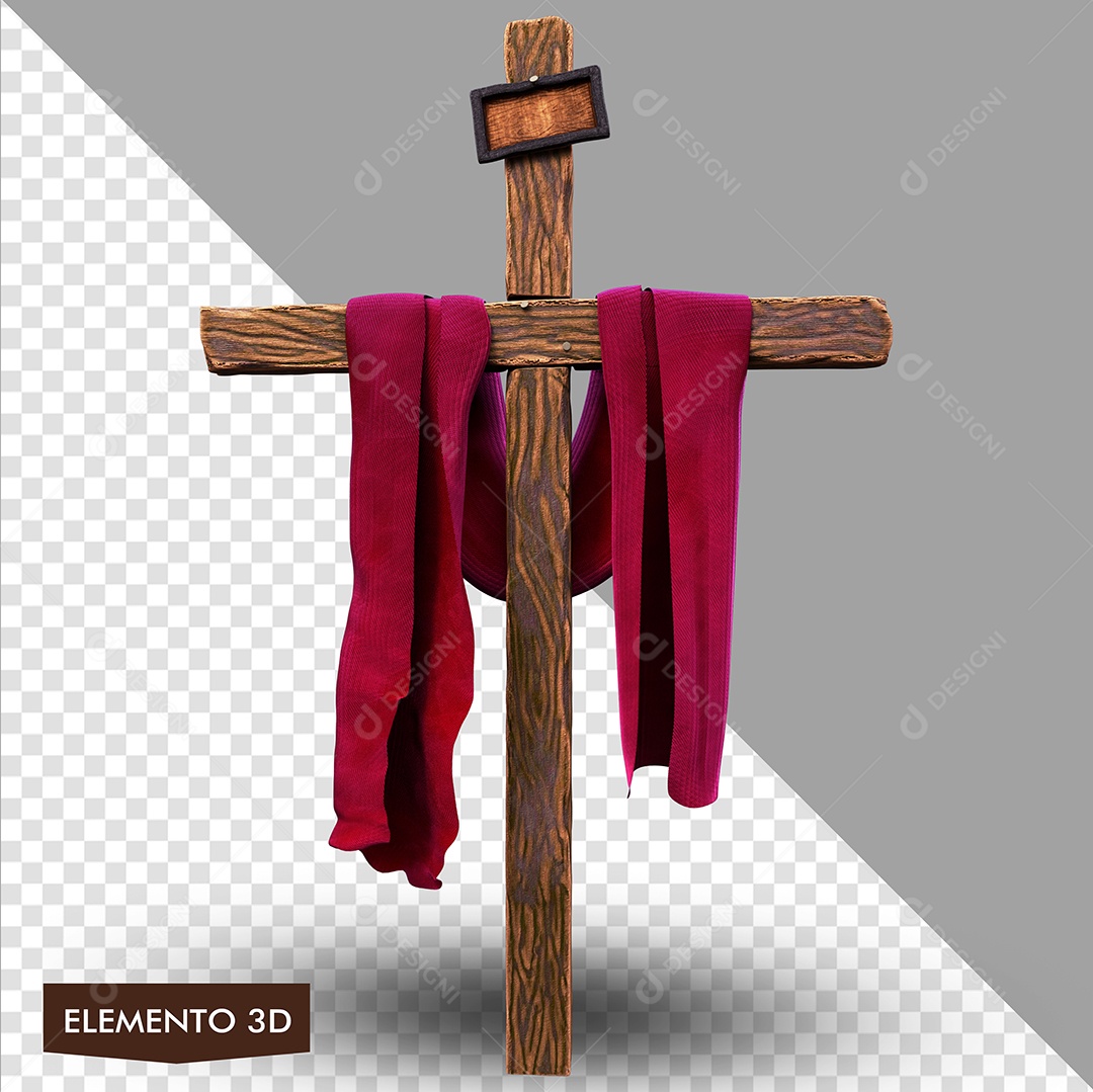 Elemento 3D Para Composição Cruz De Madeira Com Tecido Vermelho PSD