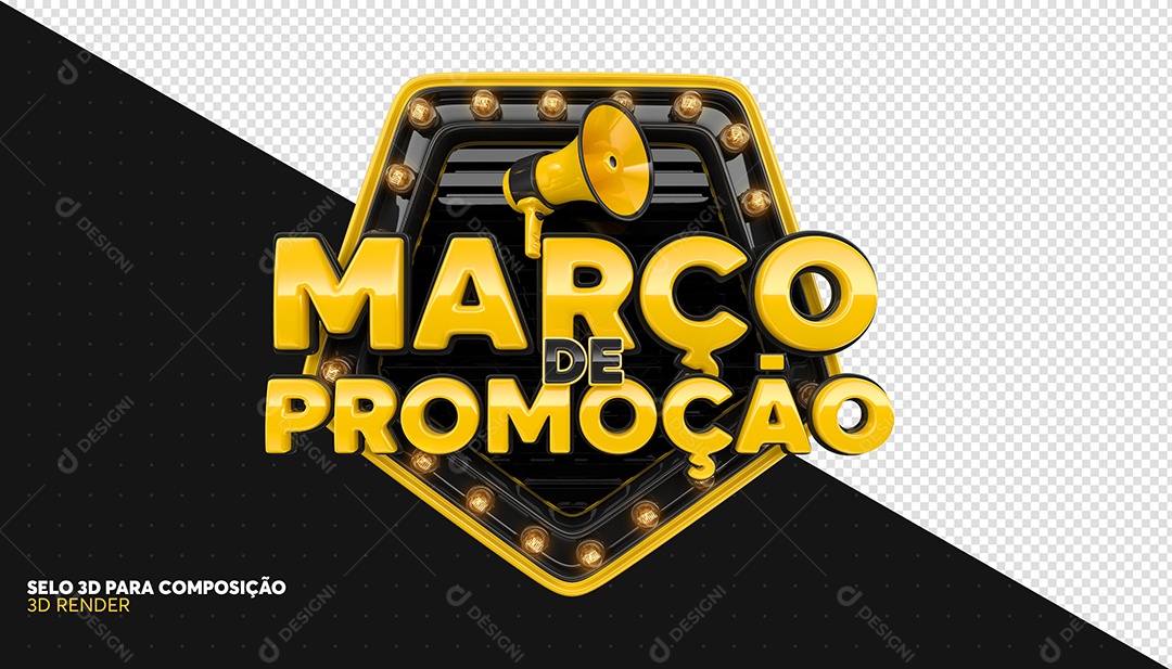 Março de Promoção Selo 3D Preto e Amarelo para Composição PSD