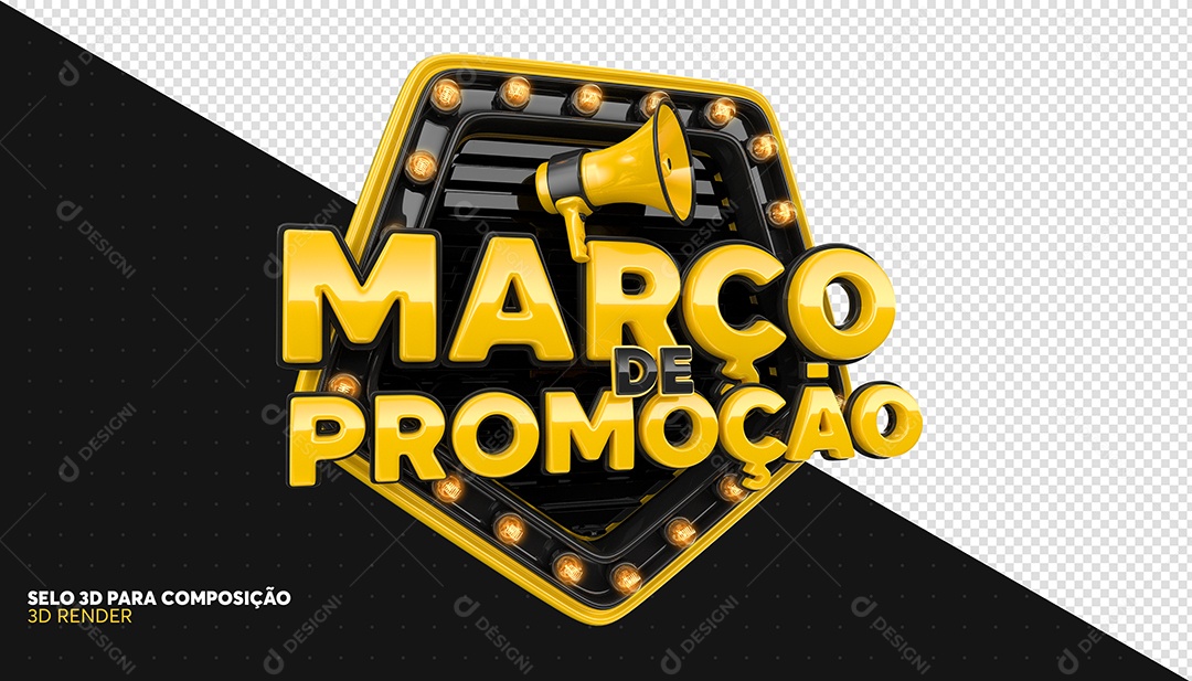 Março de Promoção Selo 3D Preto e Amarelo para Composição PSD
