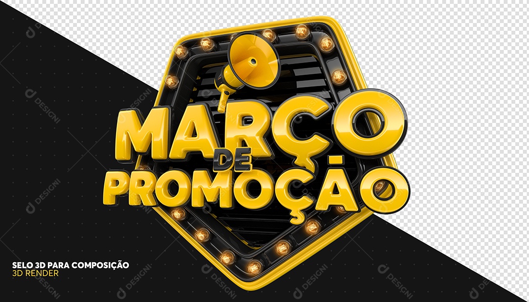 Março de Promoção Selo 3D Preto e Amarelo para Composição PSD