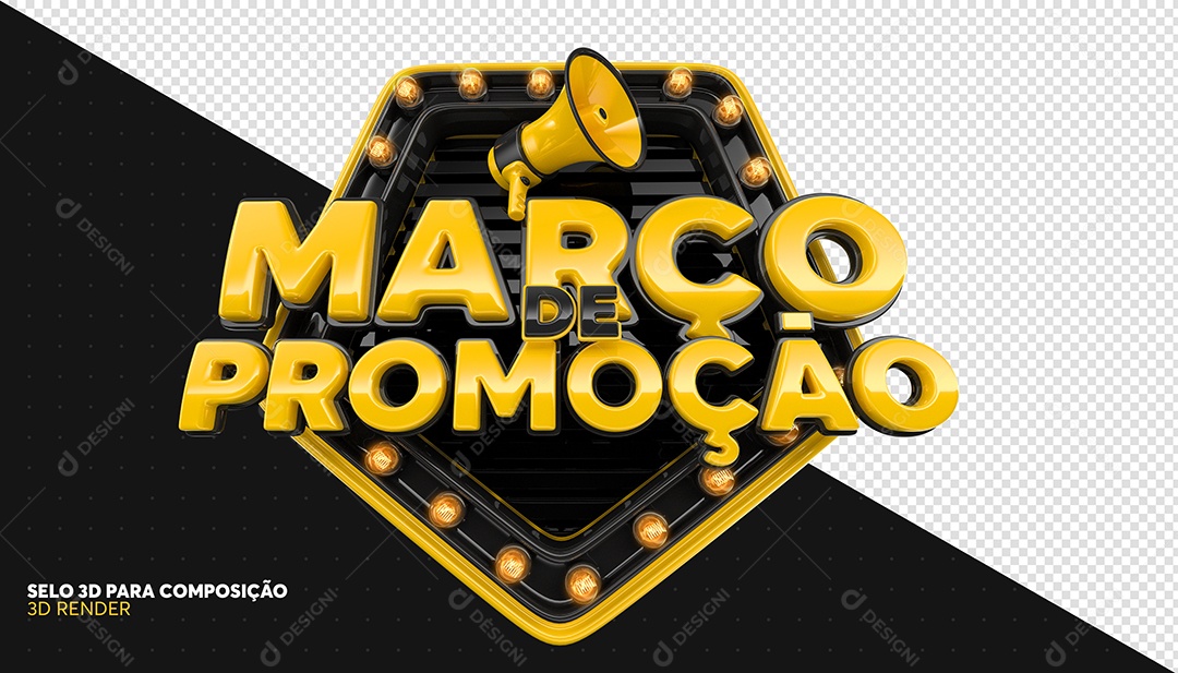 Março de Promoção Selo 3D Preto e Amarelo para Composição PSD
