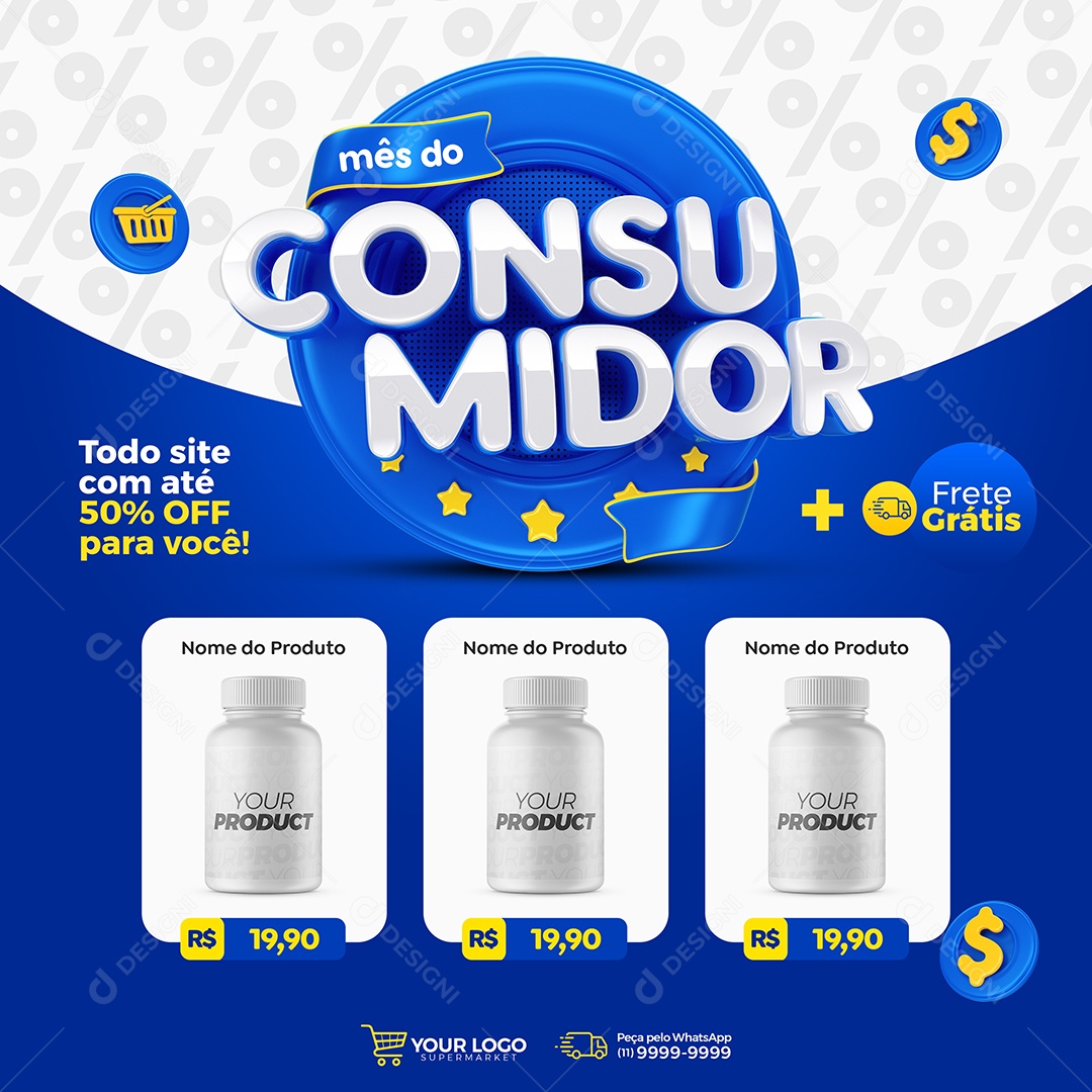 Social Media Mês do Consumidor Todo Site Com Até 50% Off Para Você Supermercado PSD Editável