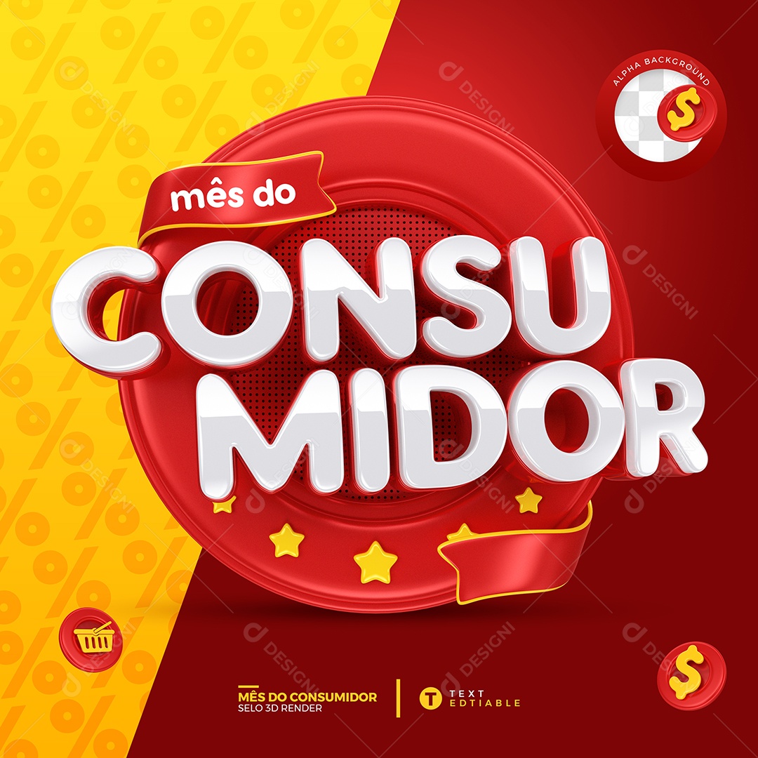 Mês do Consumidor Selo 3D Vermelho Composição PSD