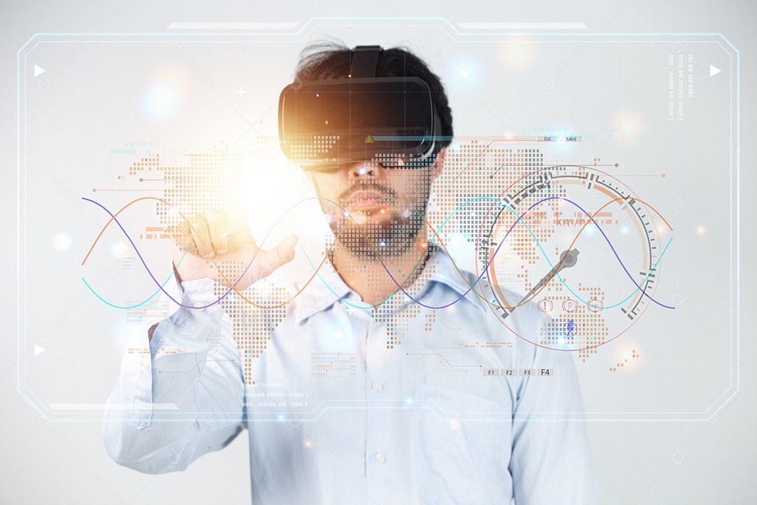 Aproximação de um jovem barbudo usando óculos de realidade virtual